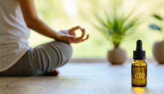 A parent peacefully meditating in a calm home environment with CBD oil bottle visible on the table, symbolizing the use of CBD for mental wellness in parenting.