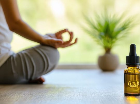 A parent peacefully meditating in a calm home environment with CBD oil bottle visible on the table, symbolizing the use of CBD for mental wellness in parenting.