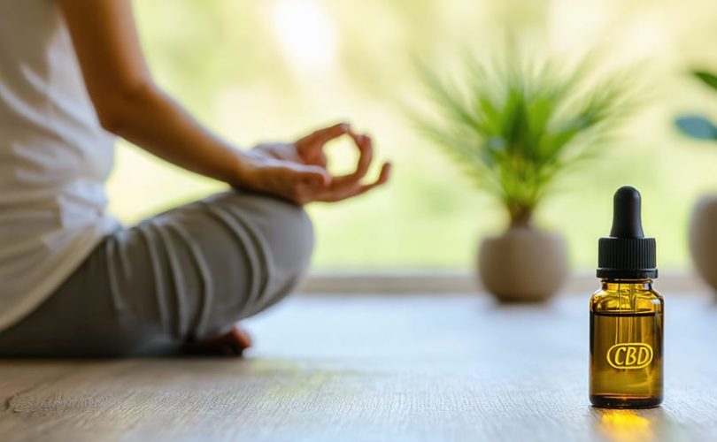 A parent peacefully meditating in a calm home environment with CBD oil bottle visible on the table, symbolizing the use of CBD for mental wellness in parenting.