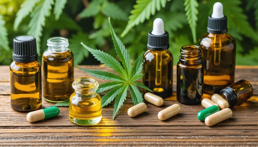 Display of different CBD product types including tinctures, capsules, and creams