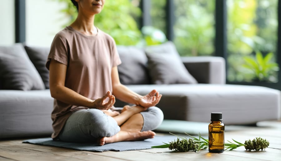 Parent meditating at home with CBD products as part of wellness routine