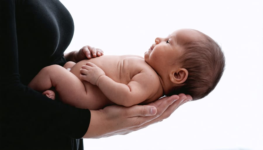 Mother's hands gently holding sleeping newborn baby in soft blanket
