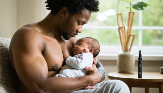 Breastfeeding parent cradling a swaddled newborn in a softly lit living room, with an unlit vape pen and cartridge blurred on a nearby wooden side table.
