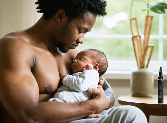 Breastfeeding parent cradling a swaddled newborn in a softly lit living room, with an unlit vape pen and cartridge blurred on a nearby wooden side table.