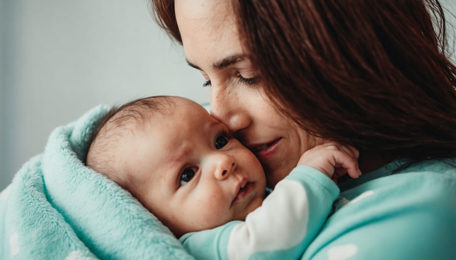 New mother holding sleeping baby in dimly lit nursery at night