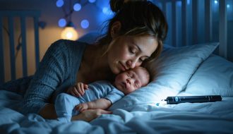 New mother in a dim nursery cradling a sleeping newborn under warm lamplight, with a vape pen on a nightstand and a blurred crib and rocking chair in the background.