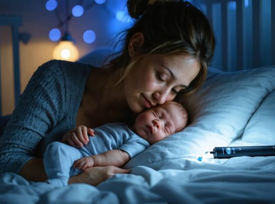 New mother in a dim nursery cradling a sleeping newborn under warm lamplight, with a vape pen on a nightstand and a blurred crib and rocking chair in the background.