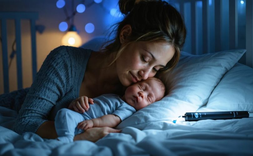 New mother in a dim nursery cradling a sleeping newborn under warm lamplight, with a vape pen on a nightstand and a blurred crib and rocking chair in the background.