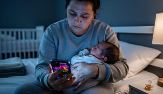 Weary new parent cradles a sleeping newborn at night, face lit by smartphone and warm lamp, with a softly blurred crib and baby items in the background; no text visible on the phone screen.