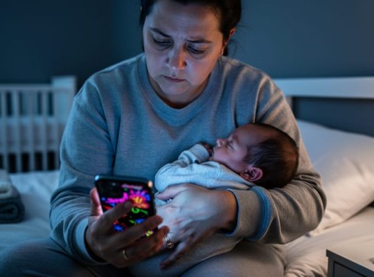 Weary new parent cradles a sleeping newborn at night, face lit by smartphone and warm lamp, with a softly blurred crib and baby items in the background; no text visible on the phone screen.