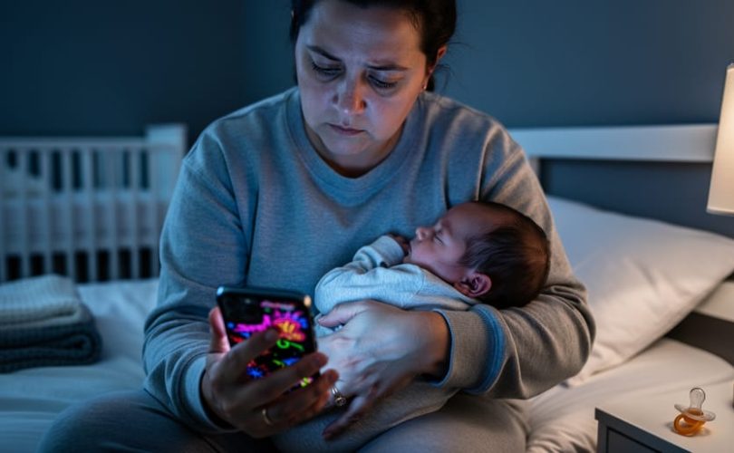 Weary new parent cradles a sleeping newborn at night, face lit by smartphone and warm lamp, with a softly blurred crib and baby items in the background; no text visible on the phone screen.
