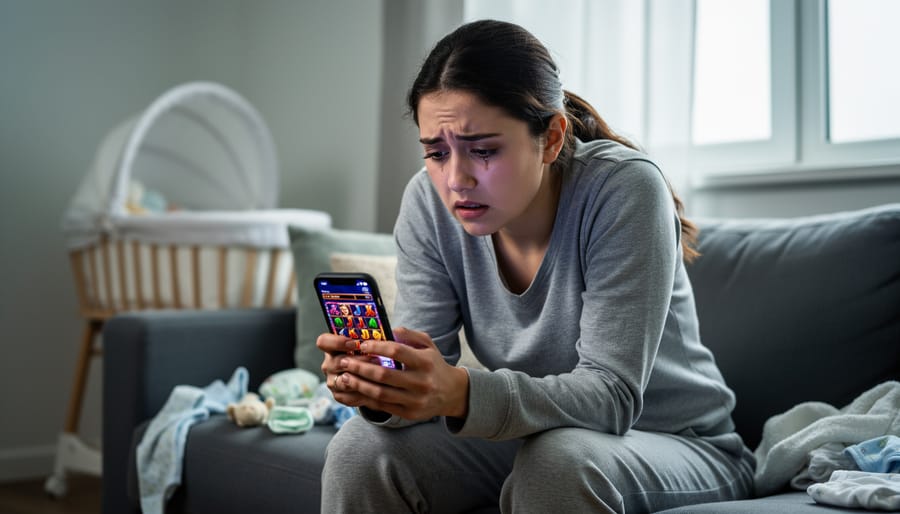 New mother covering face with hands showing distress in nursery setting