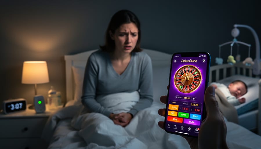 Pregnant woman looking at smartphone screen in dim lighting while sitting alone on sofa