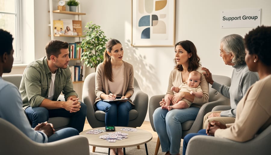 Women sitting in supportive circle having group discussion in warm natural lighting