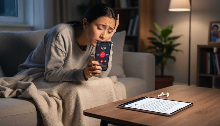 Parent recording voice journal entry on smartphone while sitting near baby's crib in evening light