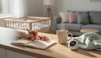 Hands of a new parent writing in an open notebook beside a steaming coffee mug and baby monitor, with a blurred bassinet in the softly lit background.