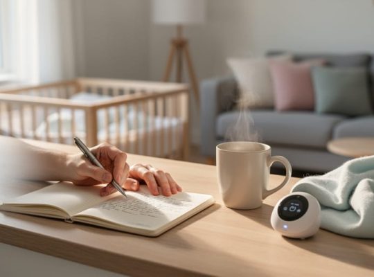 Hands of a new parent writing in an open notebook beside a steaming coffee mug and baby monitor, with a blurred bassinet in the softly lit background.