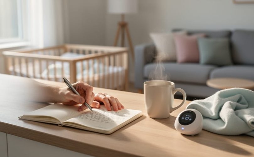 Hands of a new parent writing in an open notebook beside a steaming coffee mug and baby monitor, with a blurred bassinet in the softly lit background.