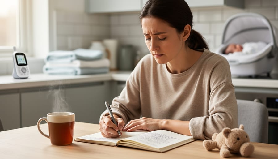 Parent writing in journal at table with coffee mug in soft morning light