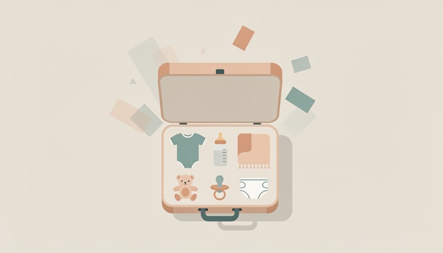 Baby clothes inside an open moving box on a kitchen table with soft daylight and a blurred background