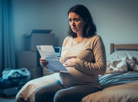 “An expectant parent sitting on a bed in a modest bedroom, cradling their belly while holding a folded notice letter, with moving boxes blurred in the background.”