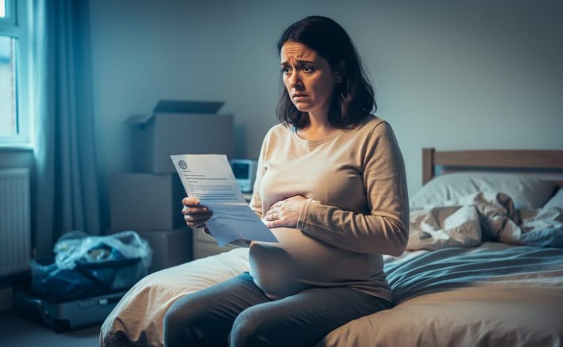 “An expectant parent sitting on a bed in a modest bedroom, cradling their belly while holding a folded notice letter, with moving boxes blurred in the background.”