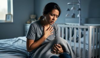 New parent sitting in a softly lit nursery at night with a hand resting on their chest, appearing worried and tired beside a crib.