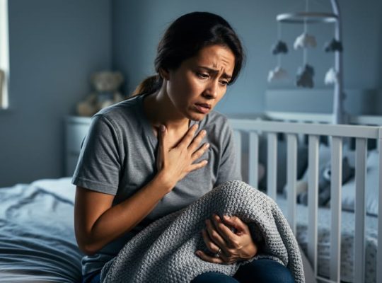 New parent sitting in a softly lit nursery at night with a hand resting on their chest, appearing worried and tired beside a crib.