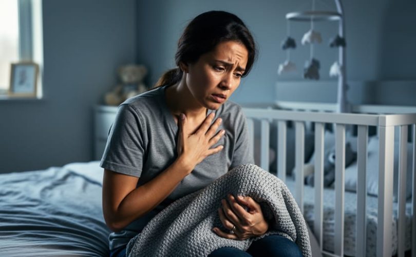 New parent sitting in a softly lit nursery at night with a hand resting on their chest, appearing worried and tired beside a crib.