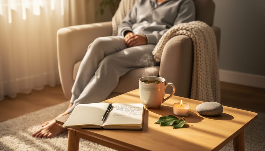 Close-up of hands holding a warm mug of tea on a kitchen table with a small calming stone beside it