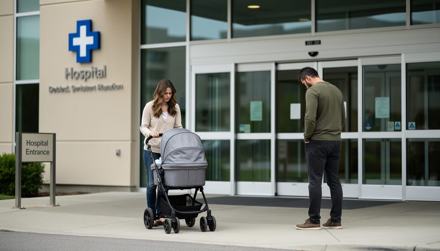 A person standing outside a hospital doorway holding a car seat, turning their back as they hesitate.