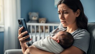 New parent seated in a softly lit room holding a wrapped infant and a smartphone turned away, suggesting reaching out for perinatal mental health support.