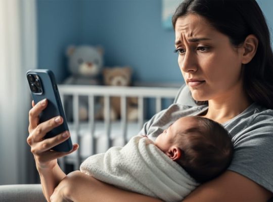 New parent seated in a softly lit room holding a wrapped infant and a smartphone turned away, suggesting reaching out for perinatal mental health support.