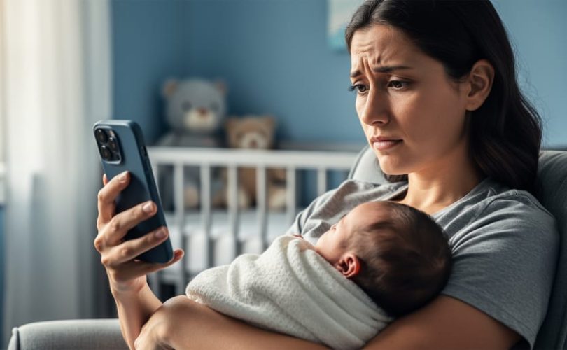New parent seated in a softly lit room holding a wrapped infant and a smartphone turned away, suggesting reaching out for perinatal mental health support.