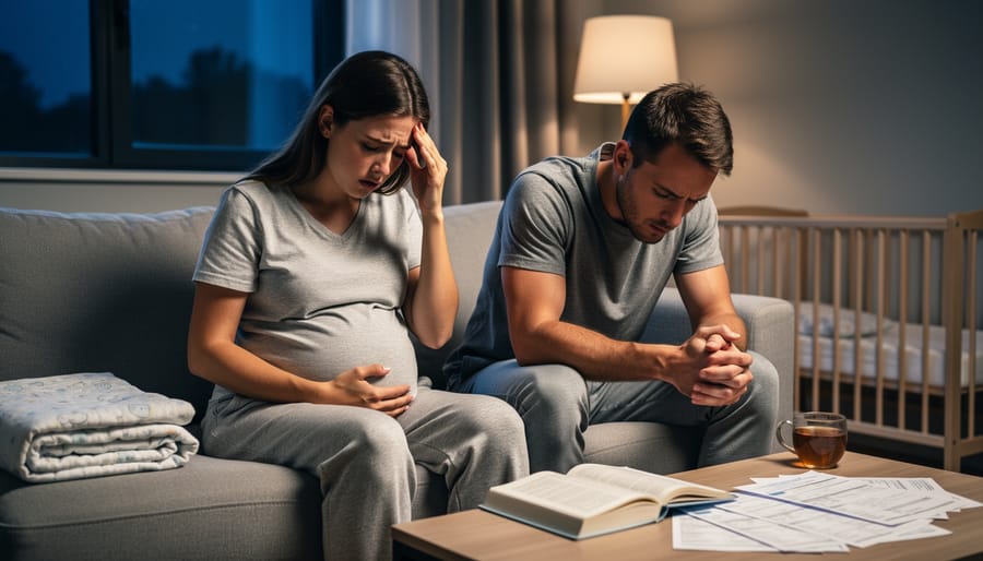 New parent sitting on the edge of a bed in a softly lit bedroom, looking tense and overwhelmed, with a baby blanket nearby