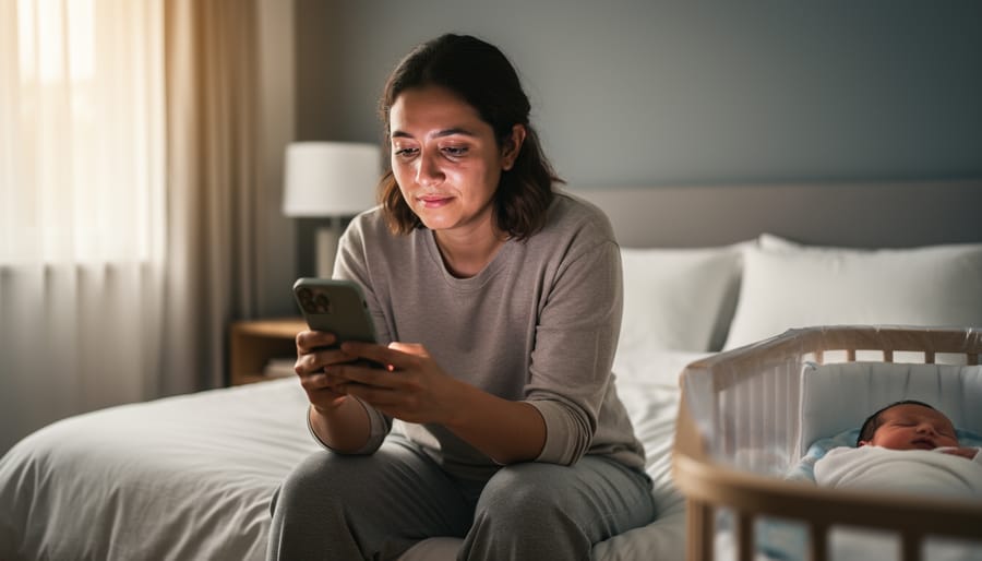 New parent sitting in a dim nursery, holding a phone as if preparing to contact support.
