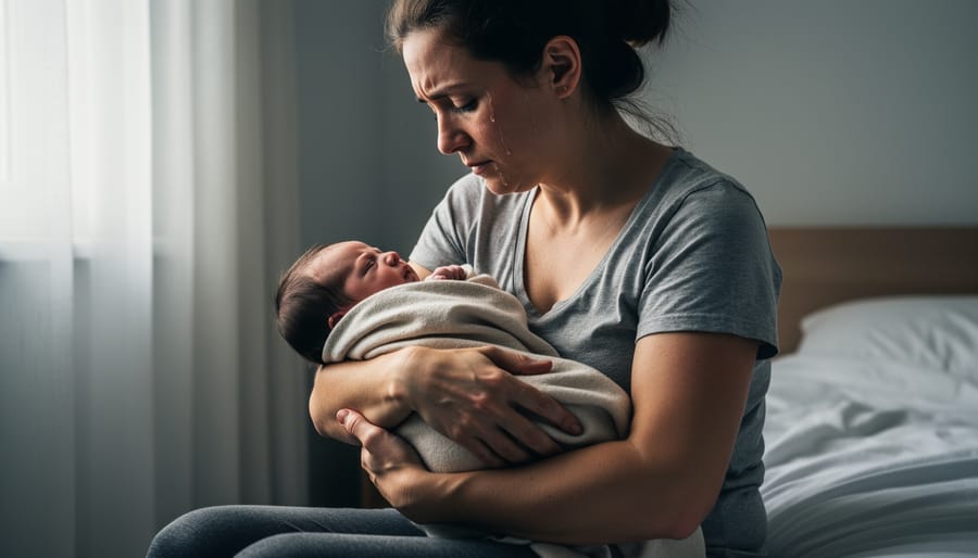 A parent sitting in a dim bedroom cradling a wrapped newborn with a worried expression.