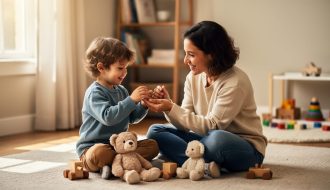 Parent and toddler sharing calm play on a living room floor, with gentle eye contact and a supportive, secure mood