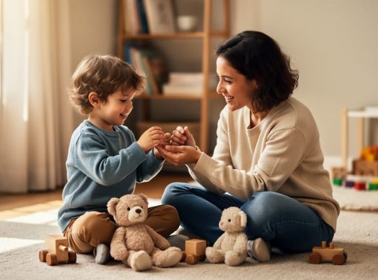 Parent and toddler sharing calm play on a living room floor, with gentle eye contact and a supportive, secure mood
