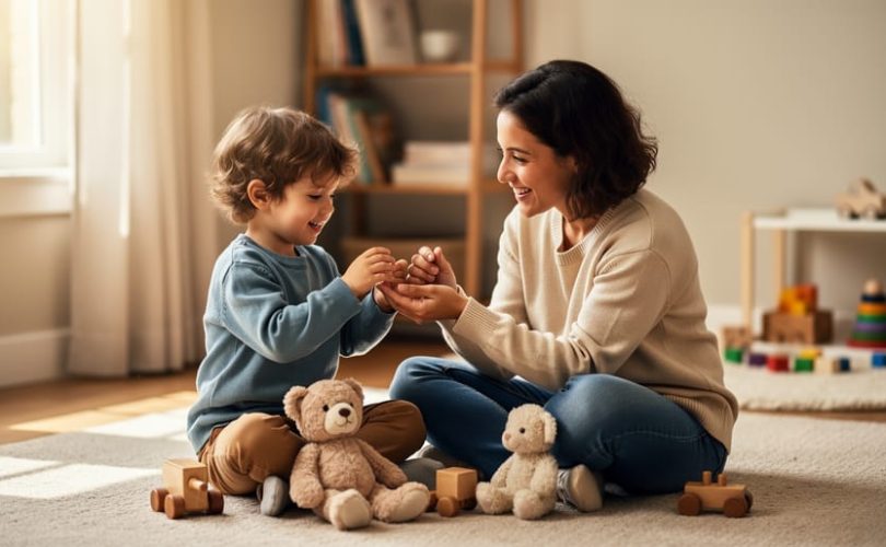Parent and toddler sharing calm play on a living room floor, with gentle eye contact and a supportive, secure mood