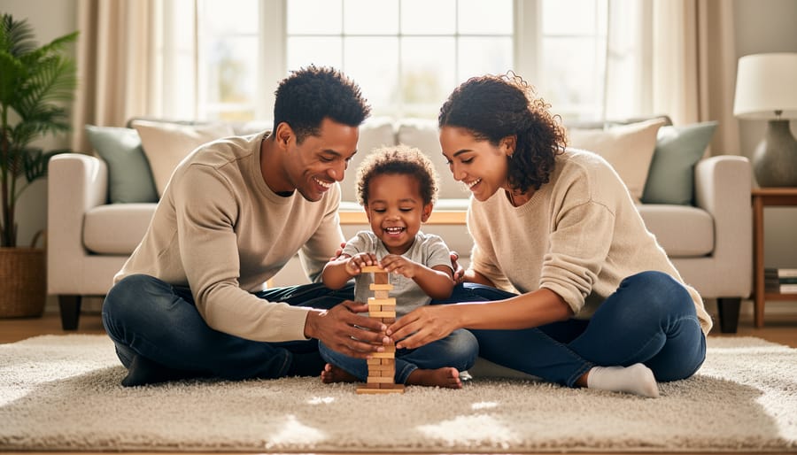 Parent and toddler sharing calm play on the living room floor