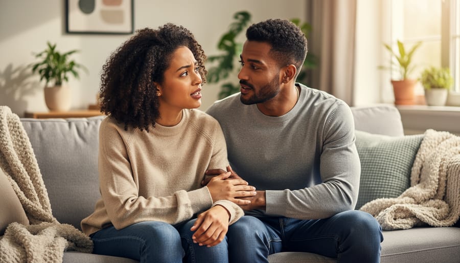 Two parents sitting together with one comforting the other by placing a hand on their shoulder.
