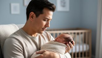 A new parent sitting in a quiet nursery, cradling a swaddled newborn in their arms with soft window light.