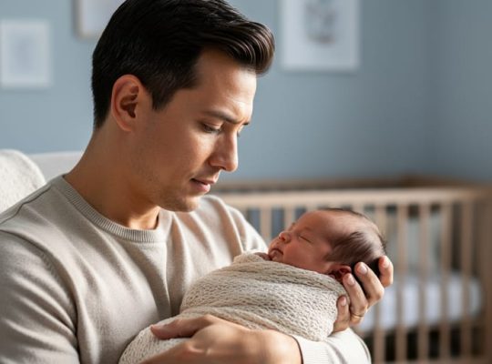 A new parent sitting in a quiet nursery, cradling a swaddled newborn in their arms with soft window light.