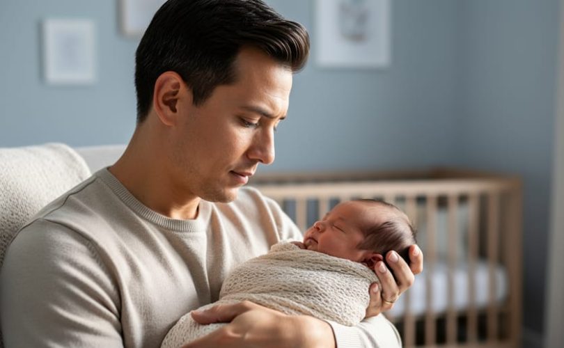 A new parent sitting in a quiet nursery, cradling a swaddled newborn in their arms with soft window light.