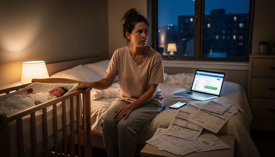 New parents sitting up at night beside a glowing baby monitor, looking concerned while holding hands