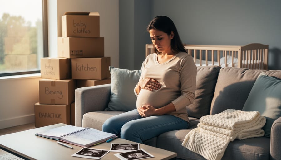 Pregnant person holding house keys while seated on an empty living-room floor with moving boxes in the background
