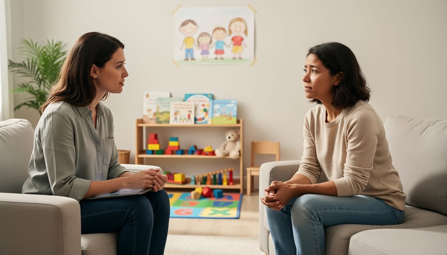 Parent speaking with a therapist in a calm counseling room