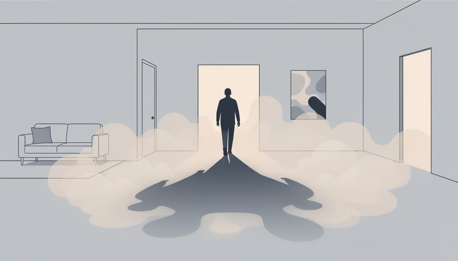 Person’s shadow on a hallway wall with a soft swirling haze spreading outward, symbolizing overwhelming worry