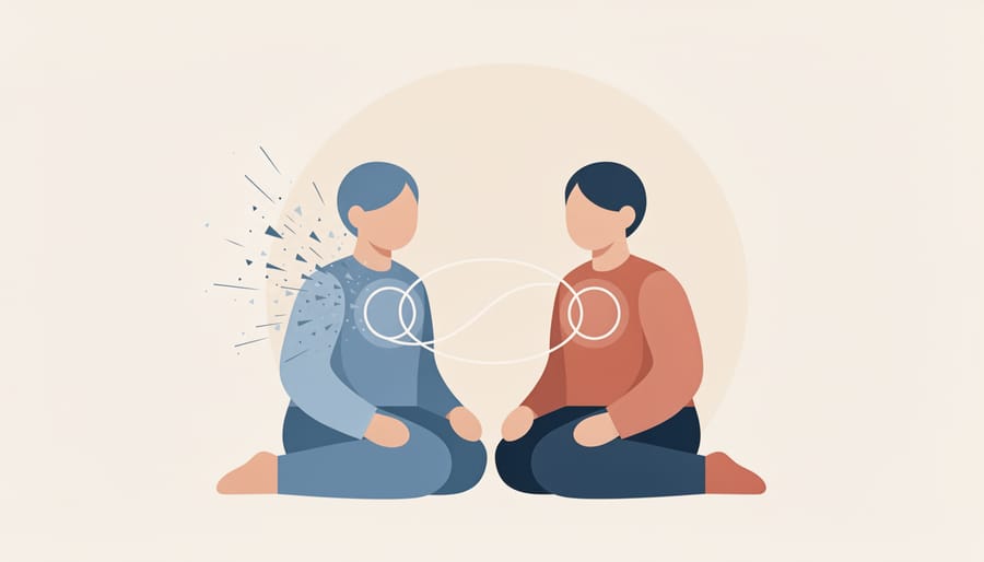A parent seated near a window with hands held over the heart while a child’s hand reaches toward them, suggesting calm and connection.